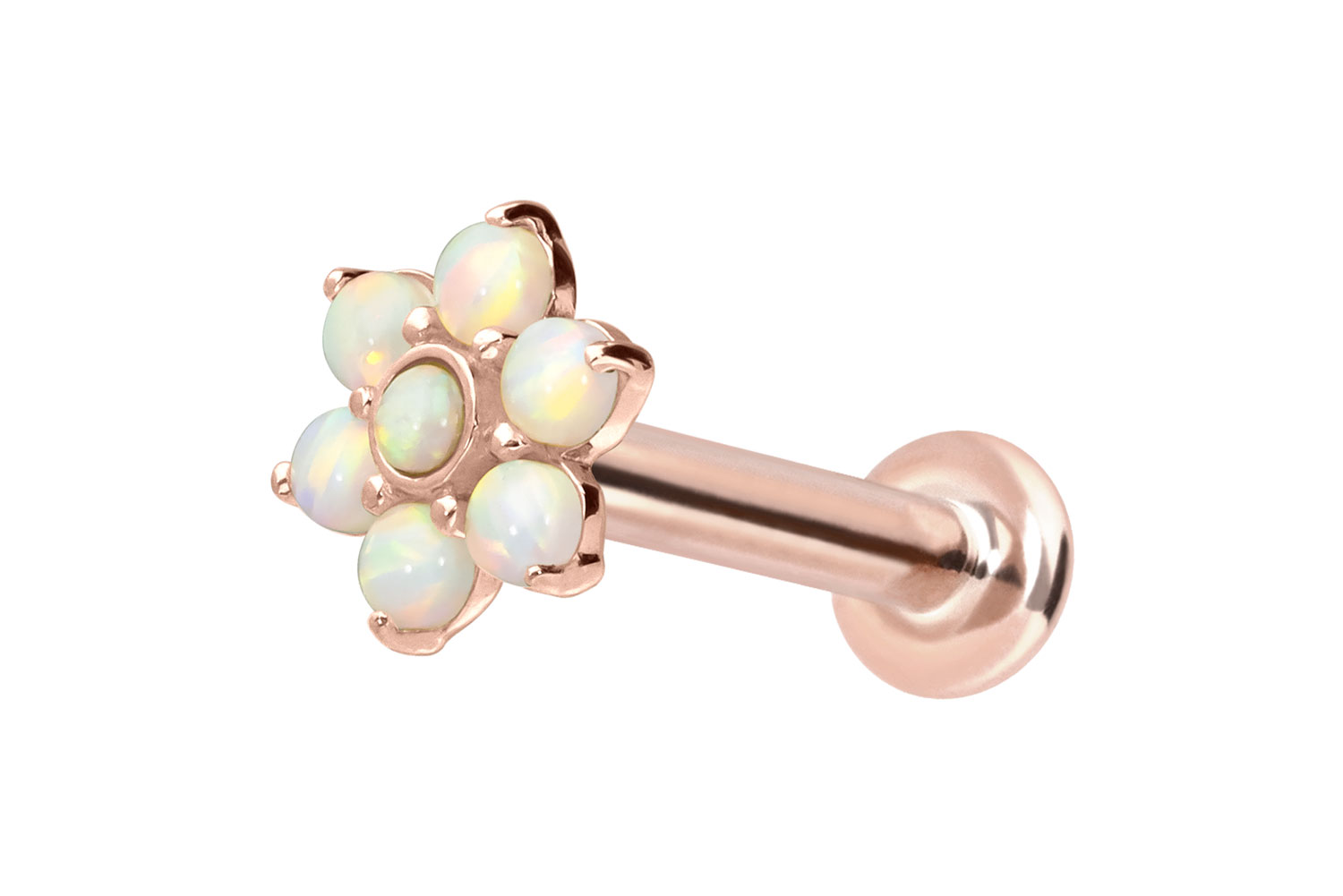 14 Karat Gold Labret Piercing mit Push Fit BLUME + 7 SYNTHETISCHE OPALE